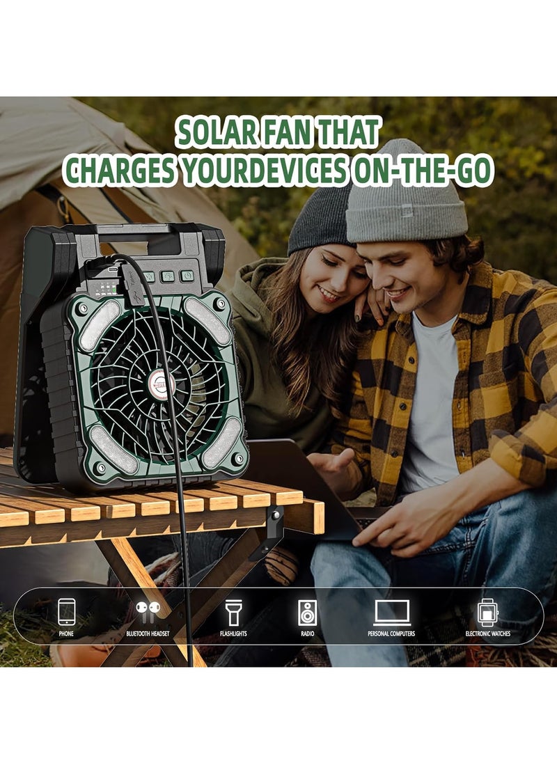 Solar Powered Fan,10400mAh rechargeable Solar Power Cordless Battery Fan with LED Lantern | 4 Wind Speeds Adjustable | 3 Timers Modes | Quiet , Portable Camping Fan for Travel, Tent, Fishing ,Picnic