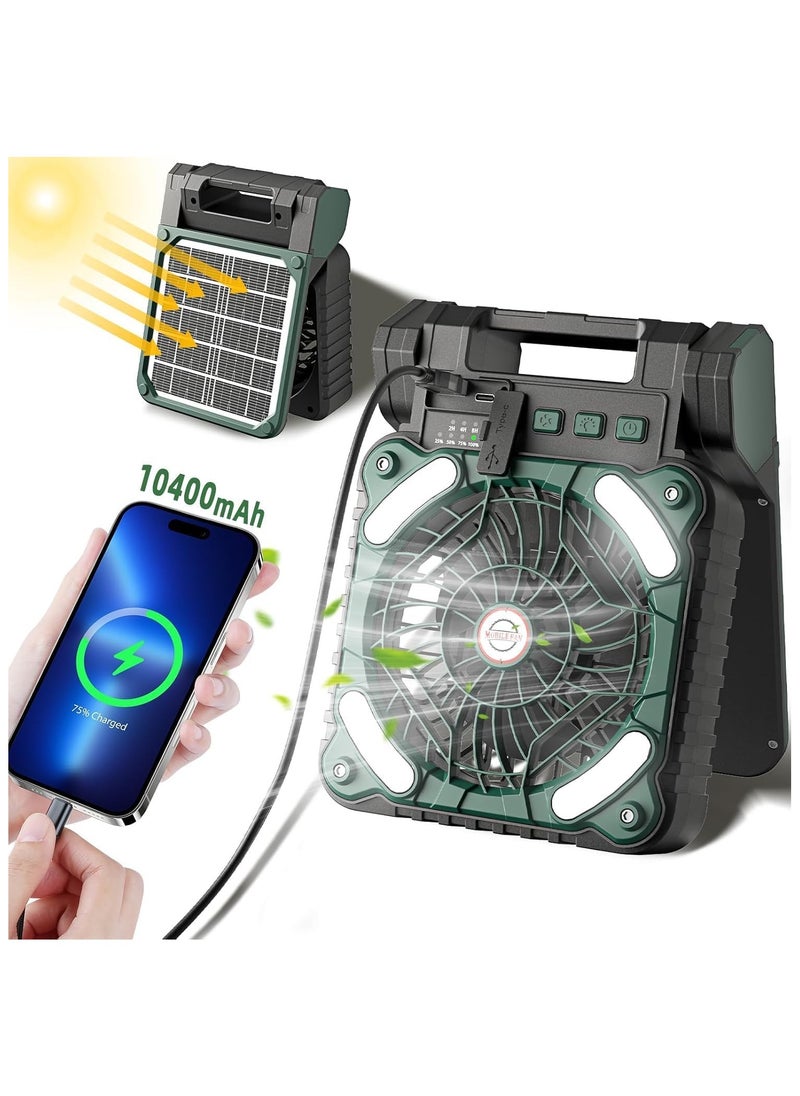 Solar Powered Fan,10400mAh rechargeable Solar Power Cordless Battery Fan with LED Lantern | 4 Wind Speeds Adjustable | 3 Timers Modes | Quiet , Portable Camping Fan for Travel, Tent, Fishing ,Picnic