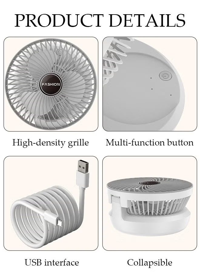 8-Inch Portable Office Desktop USB Folding Fan, Dormitory Kitchen Wall-Mounted Air Circulation Fan, 360° Adjustable Airflow, Quiet Brushless Motor, 3-Speed Settings, USB Rechargeable, Tabletop or Wall Mount Design