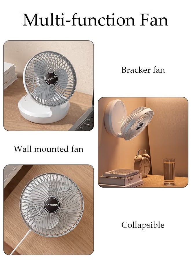 8-Inch Portable Office Desktop USB Folding Fan, Dormitory Kitchen Wall-Mounted Air Circulation Fan, 360° Adjustable Airflow, Quiet Brushless Motor, 3-Speed Settings, USB Rechargeable, Tabletop or Wall Mount Design