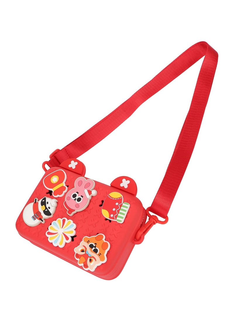 Kids Shoulder Bag, Shock Absorption Kids Camera Messenger Bag Cartoon Decors for Outdoor Use (Red)