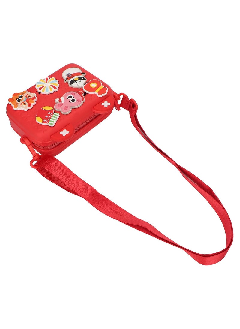 Kids Shoulder Bag, Shock Absorption Kids Camera Messenger Bag Cartoon Decors for Outdoor Use (Red)