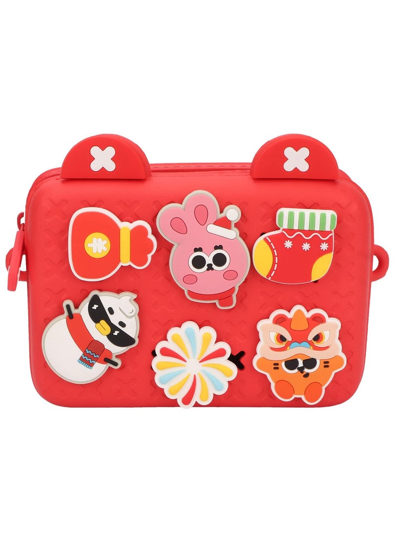 Kids Shoulder Bag, Shock Absorption Kids Camera Messenger Bag Cartoon Decors for Outdoor Use (Red)