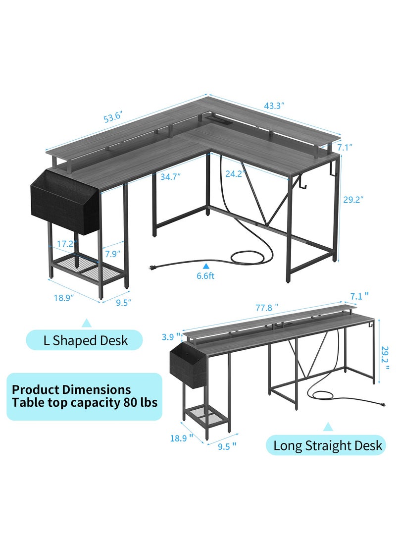 47 inch (approx. 119.4 cm) Gaming Desk without Power Outlet and LED Lights, Double Sided L-Shaped Desk, Computer Desk with Hooks and Monitor Stand with Drawers and Shelves for Home Office Bedroom