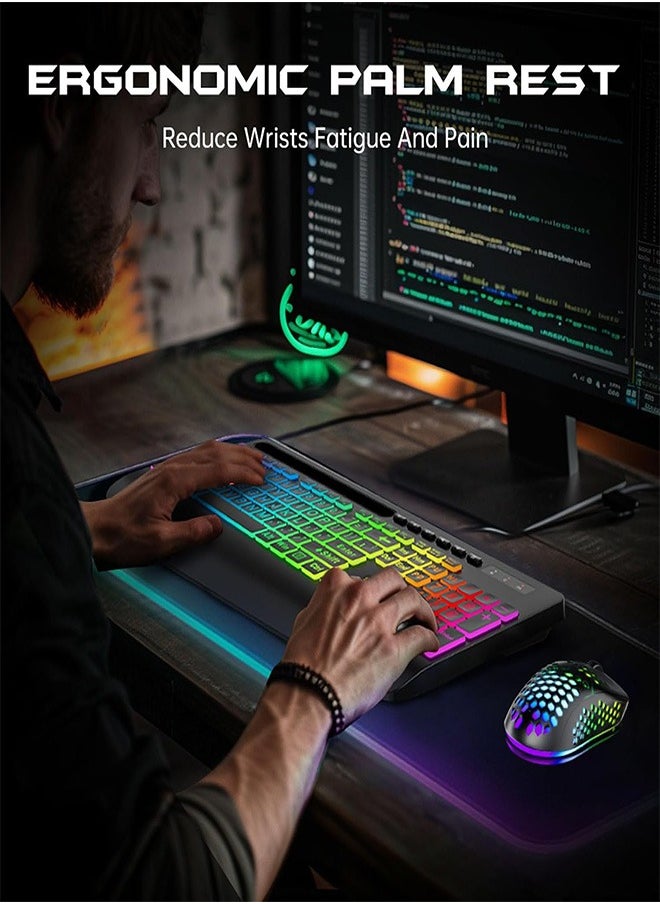 Garlo Wireless Keyboard and Mouse Combo, Membrane Silent Gaming Keyboard with Mechanical Feeling, Full-Size Bluetooth/2.4GHz/wired keyboard, RGB Backlit, Ergonomic Wrist Rest for PC/Computer/Mac/PS5