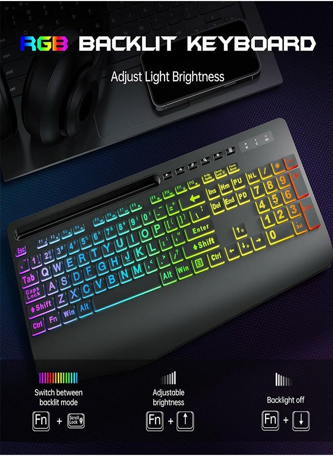 Garlo Wireless Keyboard and Mouse Combo, Membrane Silent Gaming Keyboard with Mechanical Feeling, Full-Size Bluetooth/2.4GHz/wired keyboard, RGB Backlit, Ergonomic Wrist Rest for PC/Computer/Mac/PS5