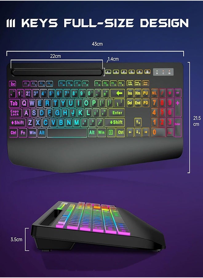 Garlo Wireless Keyboard and Mouse Combo, Membrane Silent Gaming Keyboard with Mechanical Feeling, Full-Size Bluetooth/2.4GHz/wired keyboard, RGB Backlit, Ergonomic Wrist Rest for PC/Computer/Mac/PS5