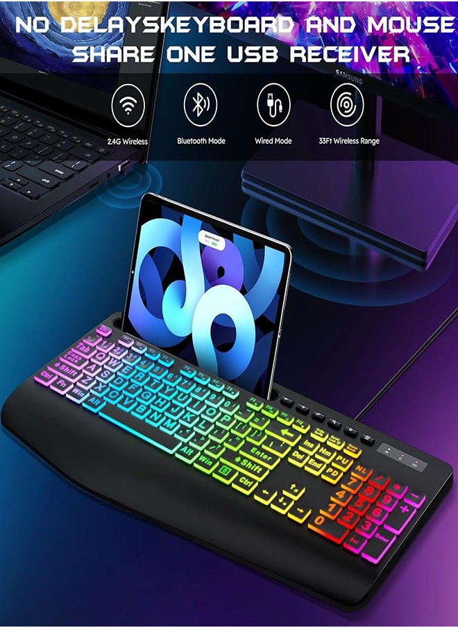 Garlo Wireless Keyboard and Mouse Combo, Membrane Silent Gaming Keyboard with Mechanical Feeling, Full-Size Bluetooth/2.4GHz/wired keyboard, RGB Backlit, Ergonomic Wrist Rest for PC/Computer/Mac/PS5