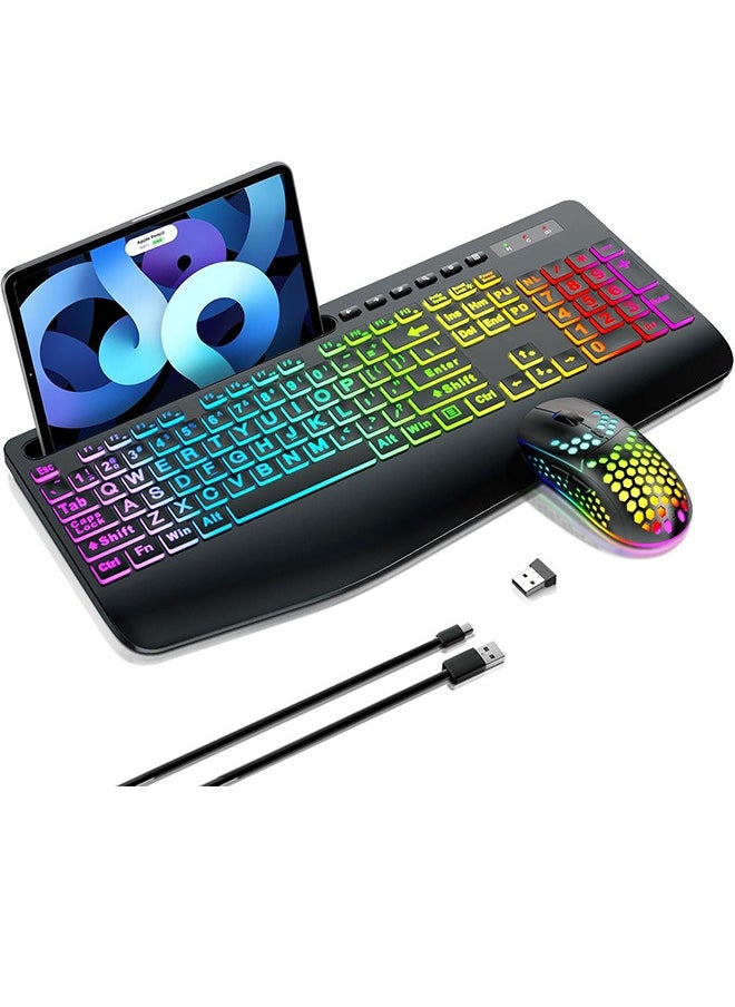 Garlo Wireless Keyboard and Mouse Combo, Membrane Silent Gaming Keyboard with Mechanical Feeling, Full-Size Bluetooth/2.4GHz/wired keyboard, RGB Backlit, Ergonomic Wrist Rest for PC/Computer/Mac/PS5