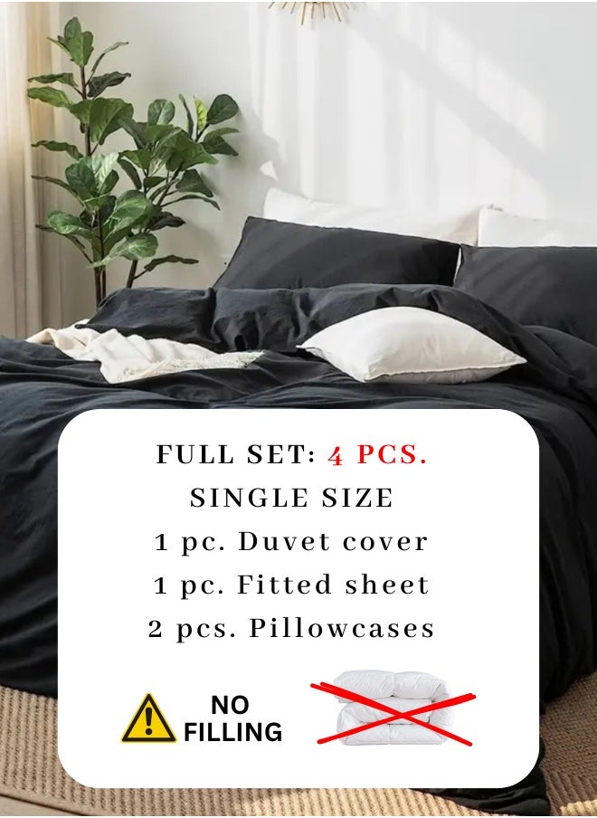 Single Size 4-Piece Premium Quality Bedding Set in Solid Black, No Filler Included.