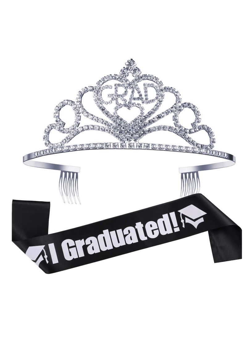 Graduation Party Supplies Kits, Glittered Metal Graduation Princess Grad Crown Tiara Class of 2024 Graduate Sash, Present for Graduation Party Decorations Grad Decor Favors (Black)