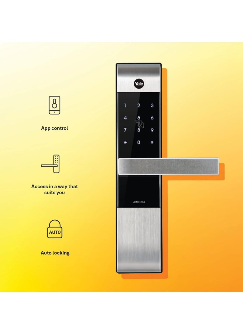 Yale Smart Lock YDM3109A, with Pin Code, RIFD Card and Mechanical Key for Keyless Home Entry. Auto Locking and Emergency Power Supply. Adjustable Handle Suitable for Right or Left Handed Doors.