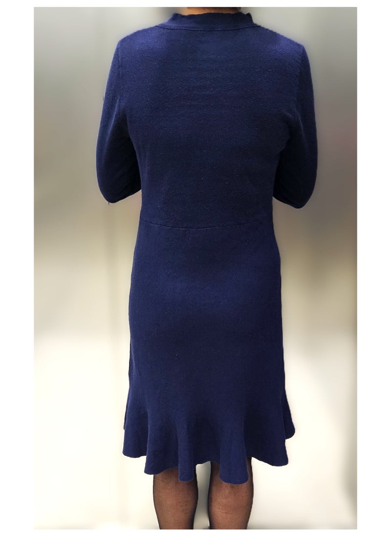 Women's Wool Blend Dress with Hand Embroidered Sequins Parrots - Small Size Navy Blue Long Sleeve Winter Knit Dress with Ruffle Hem and Bow Detail