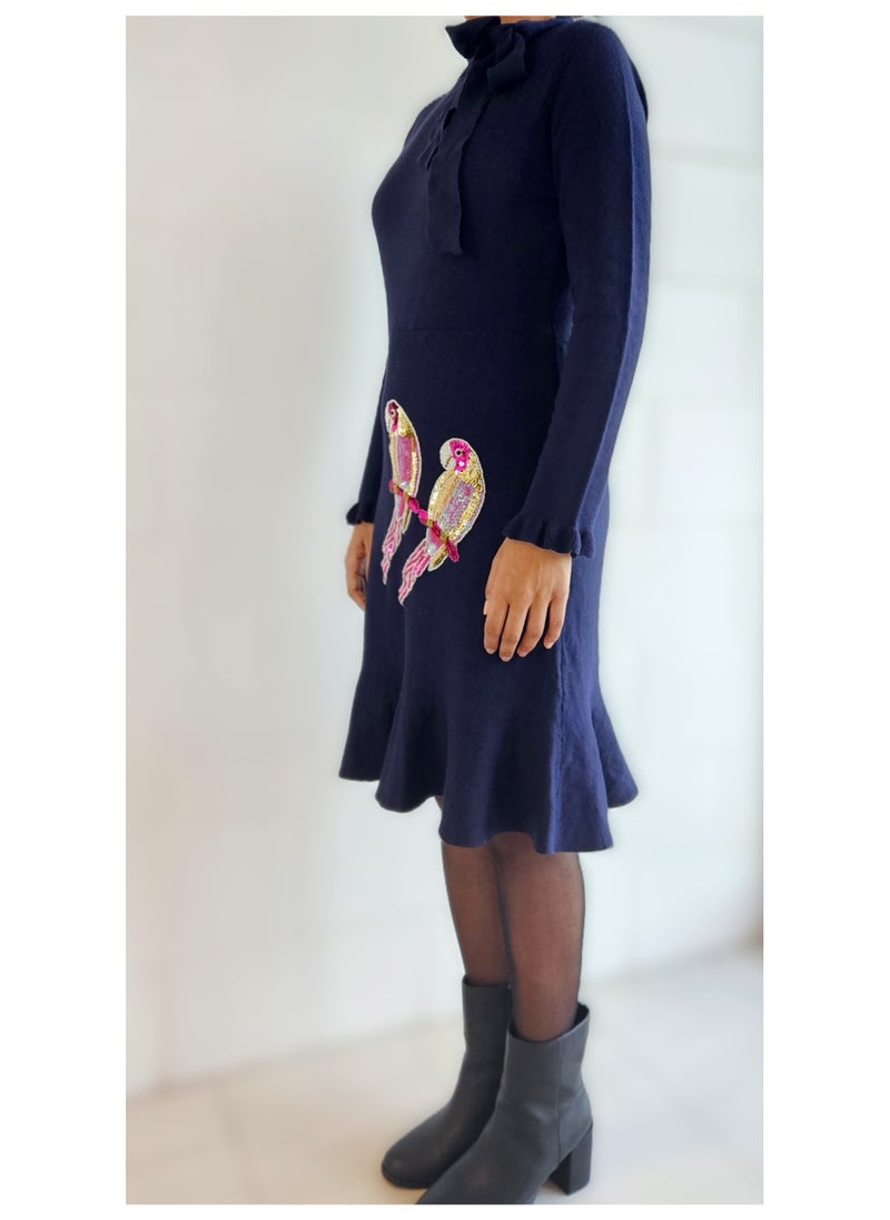 Women's Wool Blend Dress with Hand Embroidered Sequins Parrots - Small Size Navy Blue Long Sleeve Winter Knit Dress with Ruffle Hem and Bow Detail