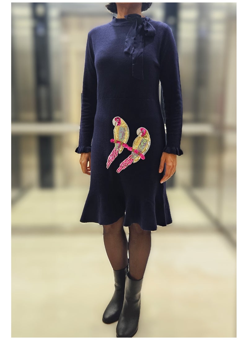 Women's Wool Blend Dress with Hand Embroidered Sequins Parrots - Small Size Navy Blue Long Sleeve Winter Knit Dress with Ruffle Hem and Bow Detail