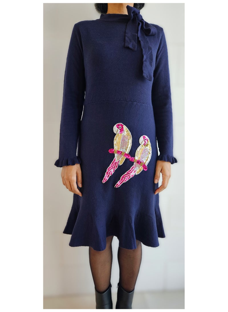 Women's Wool Blend Dress with Hand Embroidered Sequins Parrots - Small Size Navy Blue Long Sleeve Winter Knit Dress with Ruffle Hem and Bow Detail