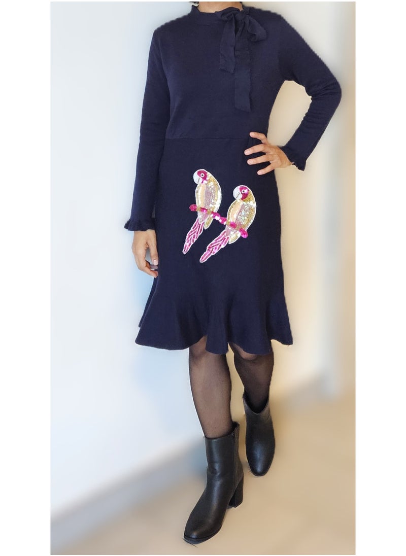 Women's Wool Blend Dress with Hand Embroidered Sequins Parrots - Small Size Navy Blue Long Sleeve Winter Knit Dress with Ruffle Hem and Bow Detail