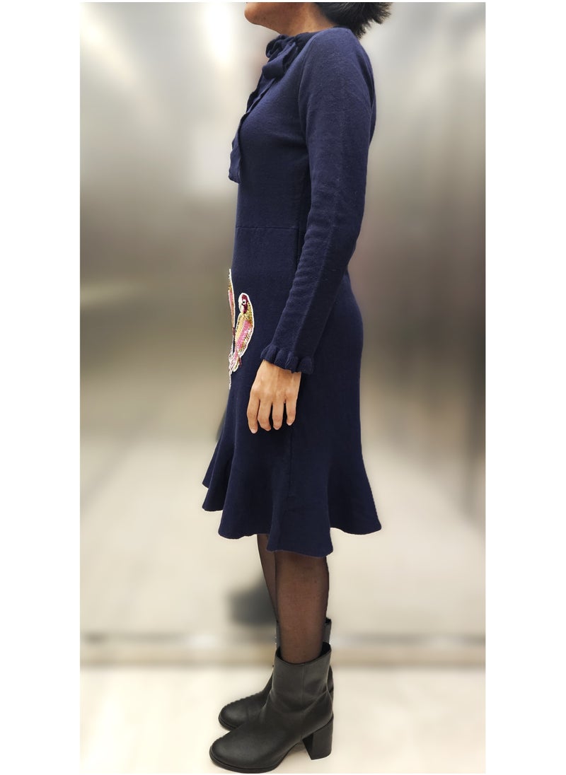 Women's Wool Blend Dress with Hand Embroidered Sequins Parrots - Small Size Navy Blue Long Sleeve Winter Knit Dress with Ruffle Hem and Bow Detail