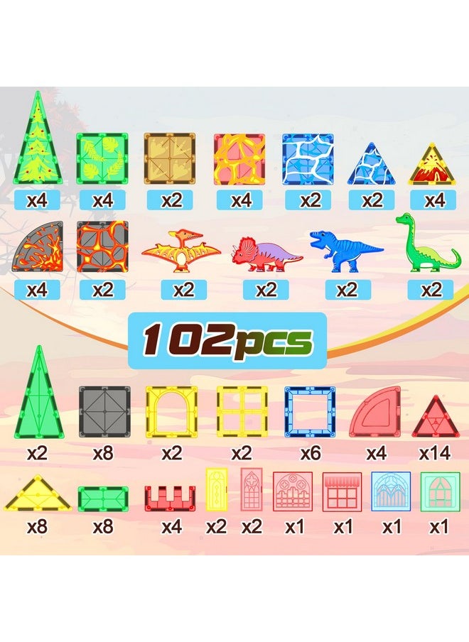 102Pcs Dinosaur Toys Magnetic Tiles With 8 Dinosaurs - Jurassic Scenes Dinosaur World Adventure Set, Magnetic Blocks Kids Toys For Boys & Girls Ages 3+, Sensory Toddler Toys Creative Kids Games Gifts