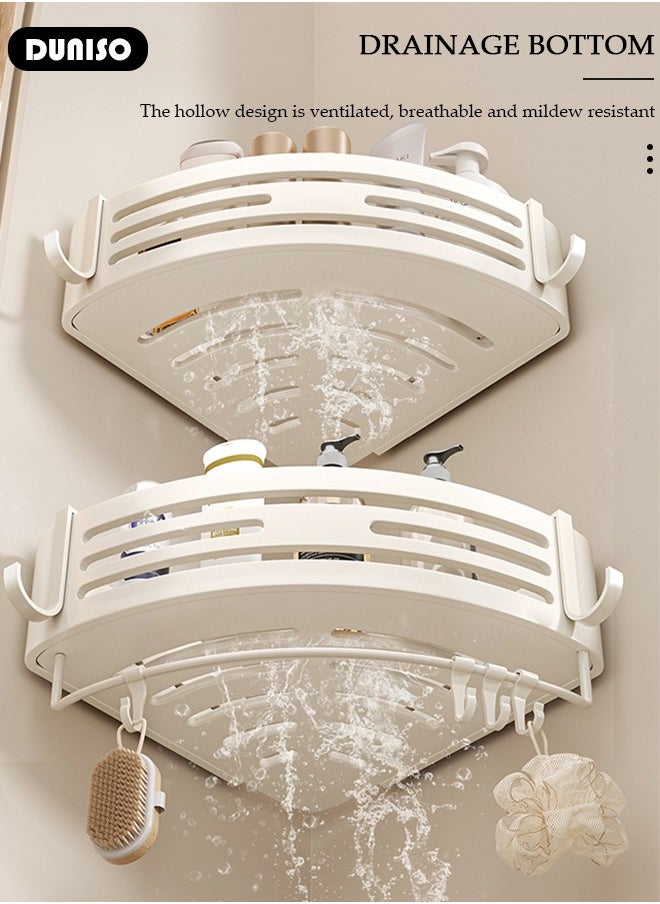 2 Pack Corner Shower Caddy with 6 Hooks, Aluminum Rustproof Bathroom Shelf with Towel Bar Storage Rack, No Drilling Wall Mounted Shower Organizer, Removable Bath Storage Basket for Bathroom, Toilet, Kitchen