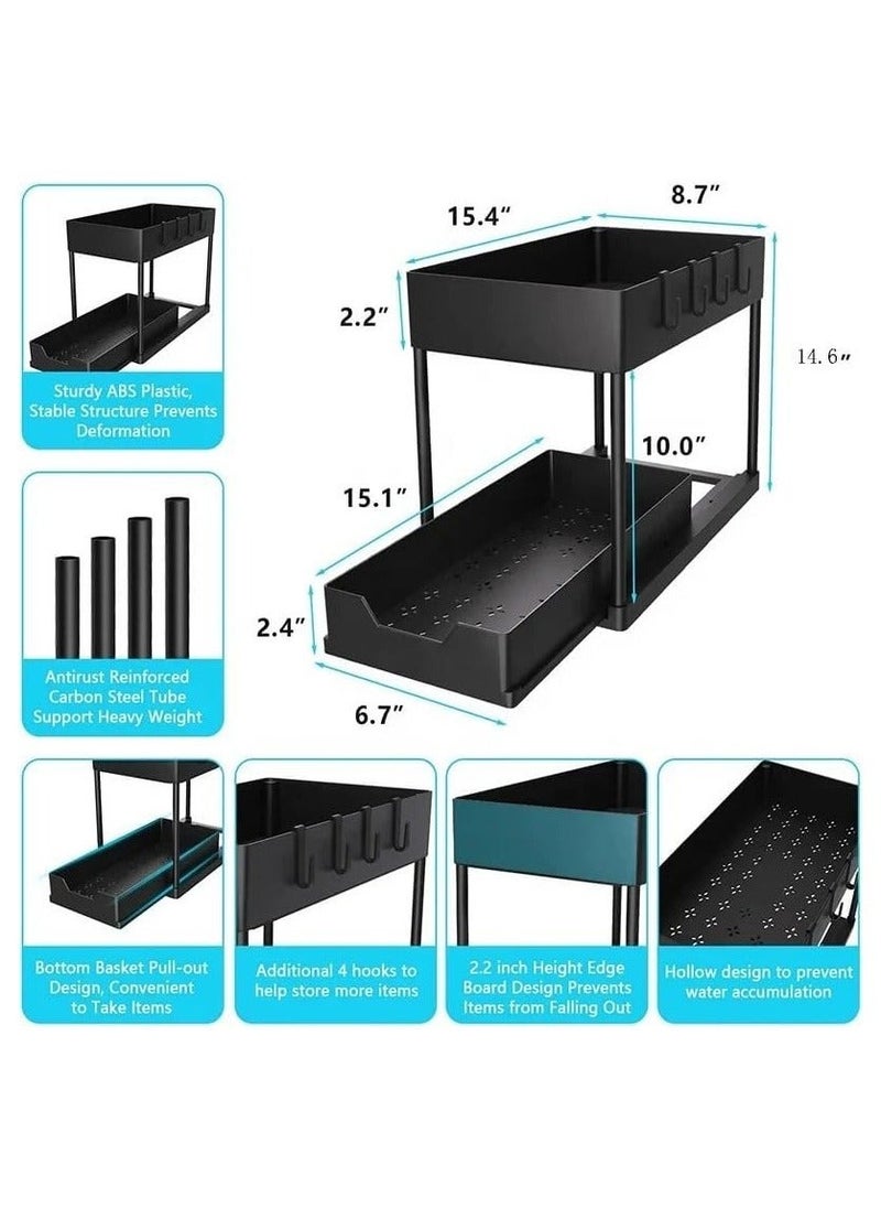 2Pcs 2-Tier Slide Out Organizer for Condiments, Toiletries  Cosmetics  Laundry Products  Multifunctional Sliding Shelf Storage Rack Kitchen Countertop  Under Sink  Bathroom  Home, Office (Black)