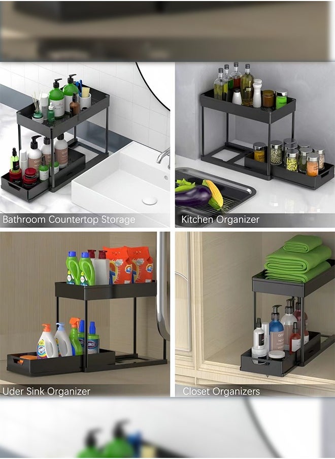 2Pcs 2-Tier Slide Out Organizer for Condiments, Toiletries  Cosmetics  Laundry Products  Multifunctional Sliding Shelf Storage Rack Kitchen Countertop  Under Sink  Bathroom  Home, Office (Black)