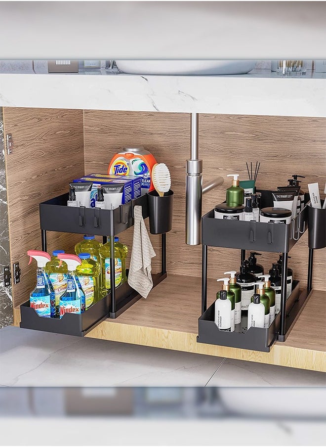 2Pcs 2-Tier Slide Out Organizer for Condiments, Toiletries  Cosmetics  Laundry Products  Multifunctional Sliding Shelf Storage Rack Kitchen Countertop  Under Sink  Bathroom  Home, Office (Black)