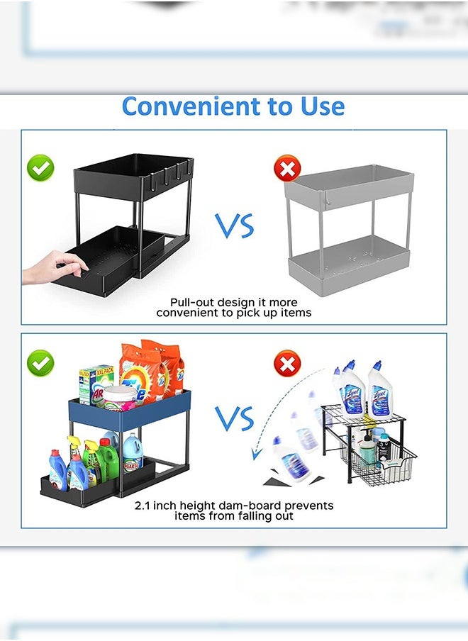 2Pcs 2-Tier Slide Out Organizer for Condiments, Toiletries  Cosmetics  Laundry Products  Multifunctional Sliding Shelf Storage Rack Kitchen Countertop  Under Sink  Bathroom  Home, Office (Black)