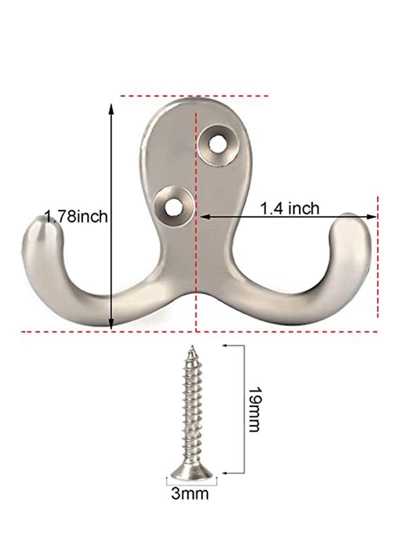 10 Pcs Double Prong Coat Hooks Hardware, Silvery Towel Hooks Wall Mounted with 20 Screws, Metal Hooks for Hanging Coats, Towel, Hat, Key, Bag