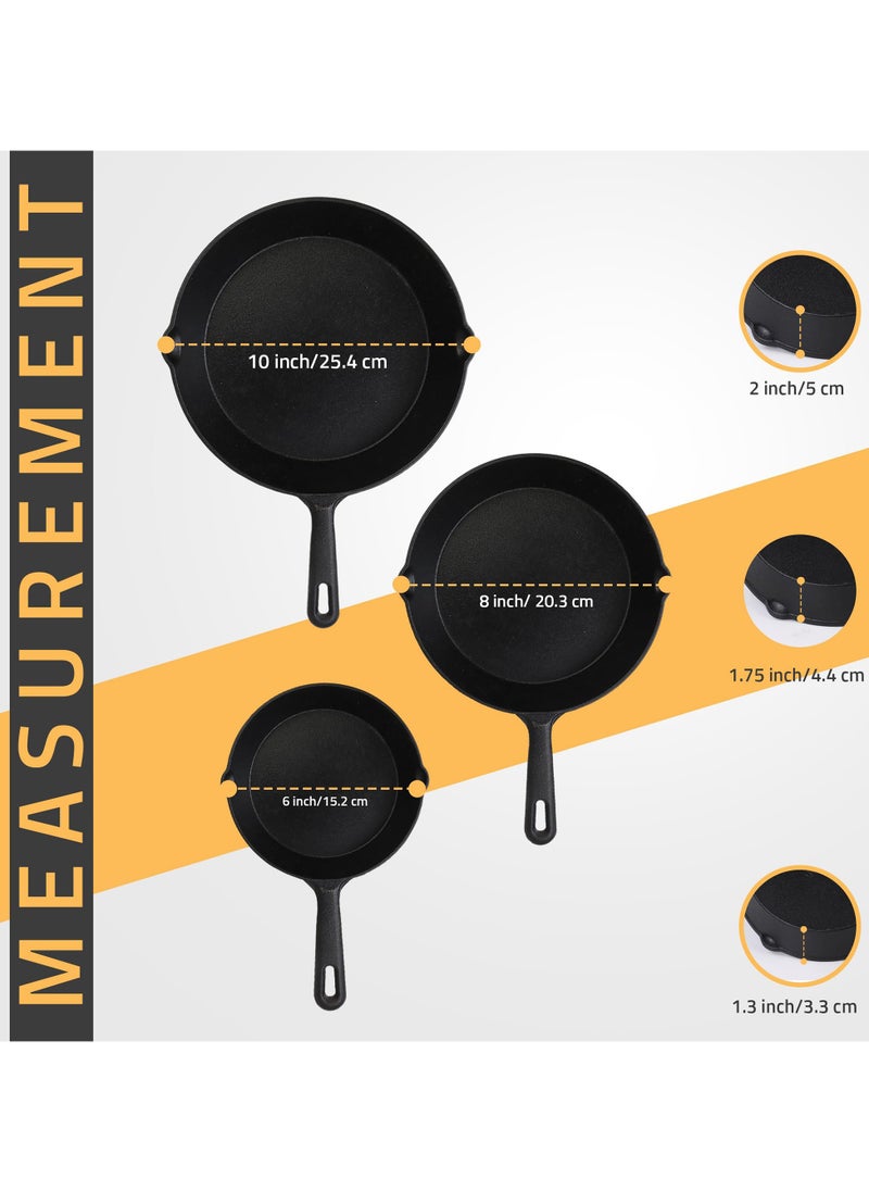 Pre-Seasoned Cast Iron Skillet Set 3-Piece - Safe Non-Stick Frying Pans  - Ideal Cookware for Frying & Sautéing with Easy-Handle Design PFOA Free (6, 8, 10 Inch)