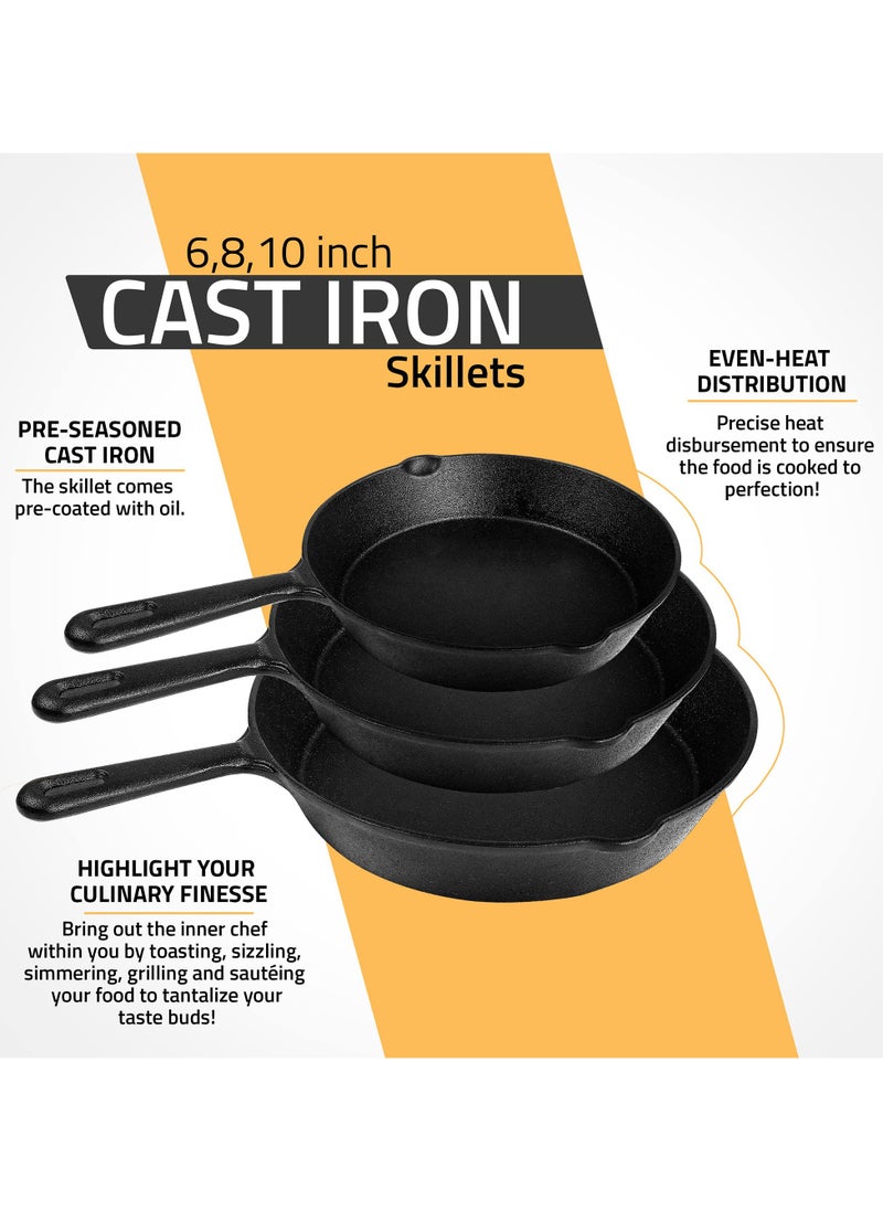 Pre-Seasoned Cast Iron Skillet Set 3-Piece - Safe Non-Stick Frying Pans  - Ideal Cookware for Frying & Sautéing with Easy-Handle Design PFOA Free (6, 8, 10 Inch)