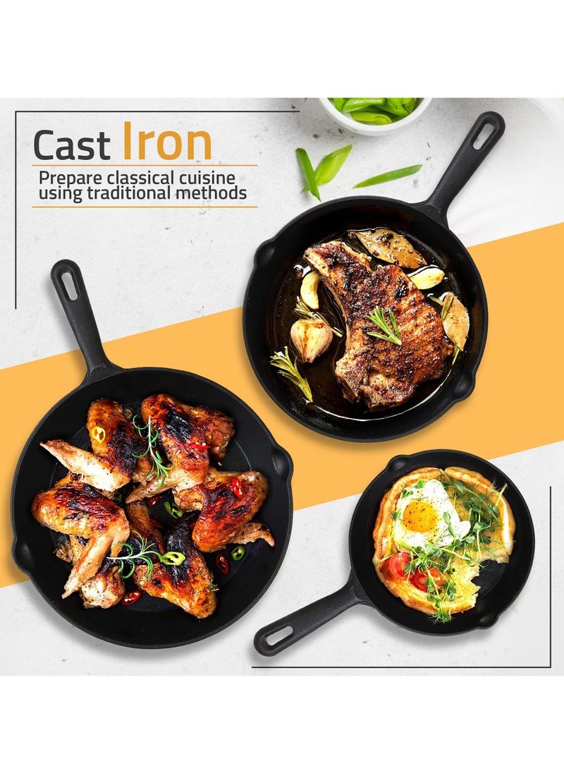 Pre-Seasoned Cast Iron Skillet Set 3-Piece - Safe Non-Stick Frying Pans  - Ideal Cookware for Frying & Sautéing with Easy-Handle Design PFOA Free (6, 8, 10 Inch)