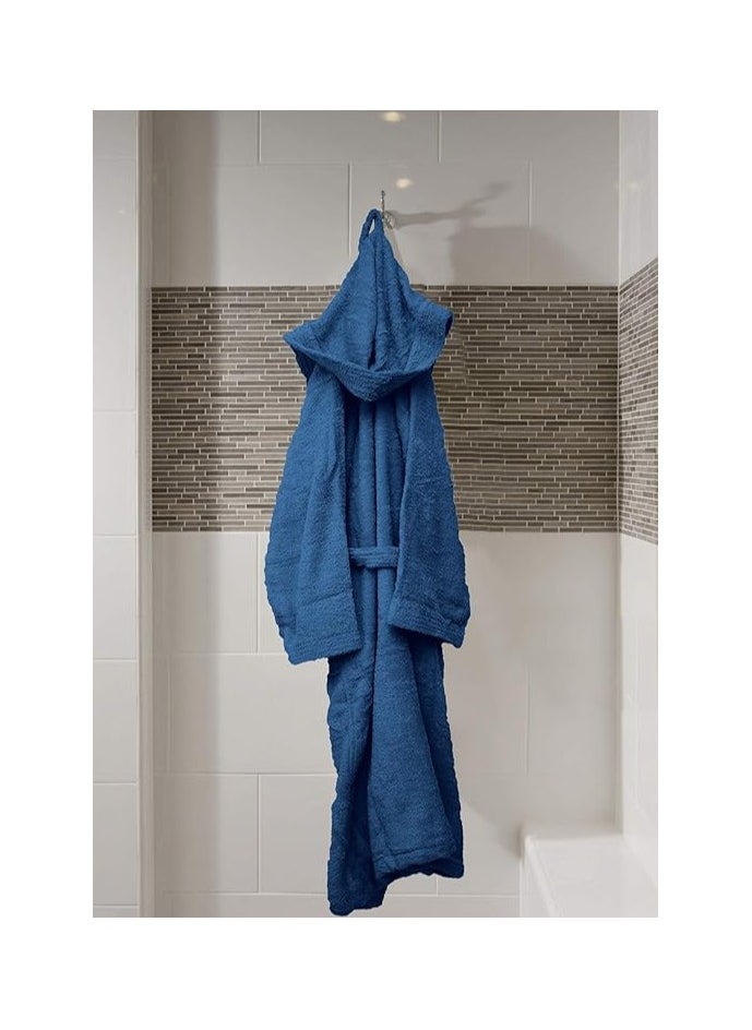 100% Cotton Super Soft Highly Absorbent Hooded Bathrobe Blue