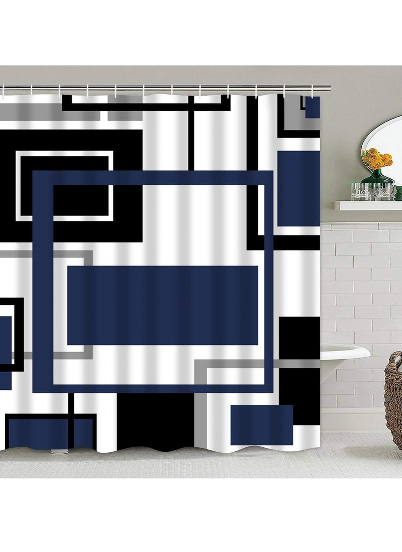 Shower Curtain Sets 4 Pcs Blue Geometric Shower Curtain Sets with 12 Hooks Non-Slip Rugs U-Shaped Bath Mat Toilet Cover Abstract Geometric Modern Black and Blue Bathroom Set