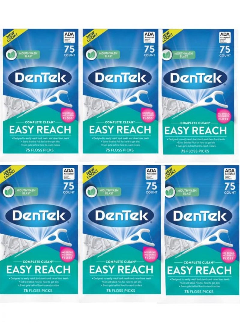 DenTek Complete Clean Easy Reach Floss Picks, Advanced Fluoride Coating, Mouthwash Blast Flavor, 75 ct. (Pack of 6)