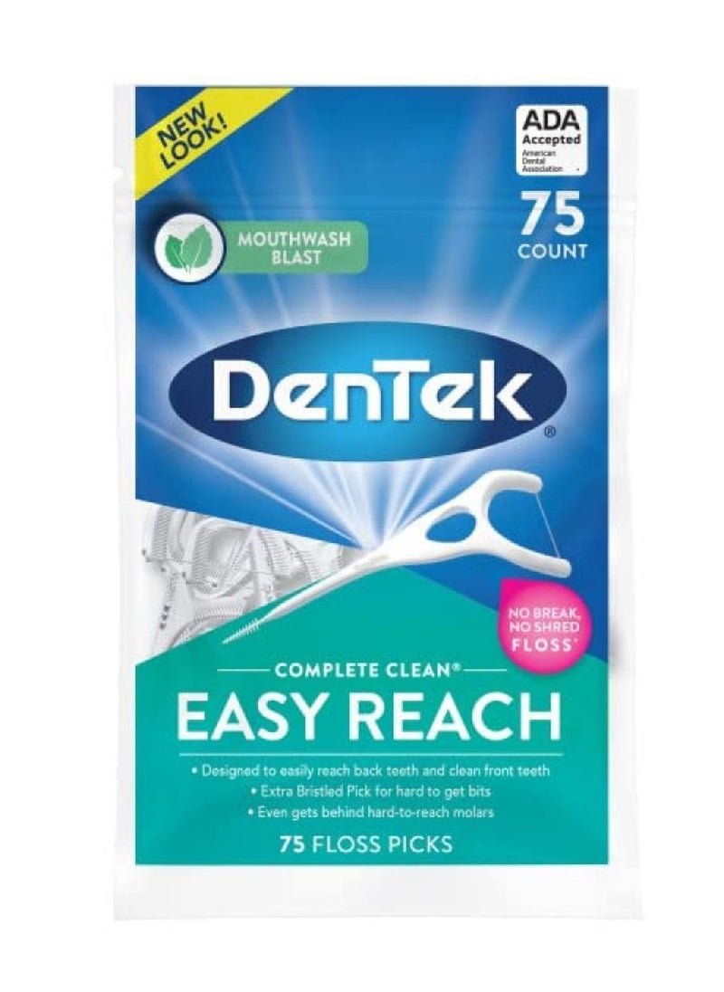 DenTek Complete Clean Easy Reach Floss Picks, Advanced Fluoride Coating, Mouthwash Blast Flavor, 75 ct. (Pack of 6)