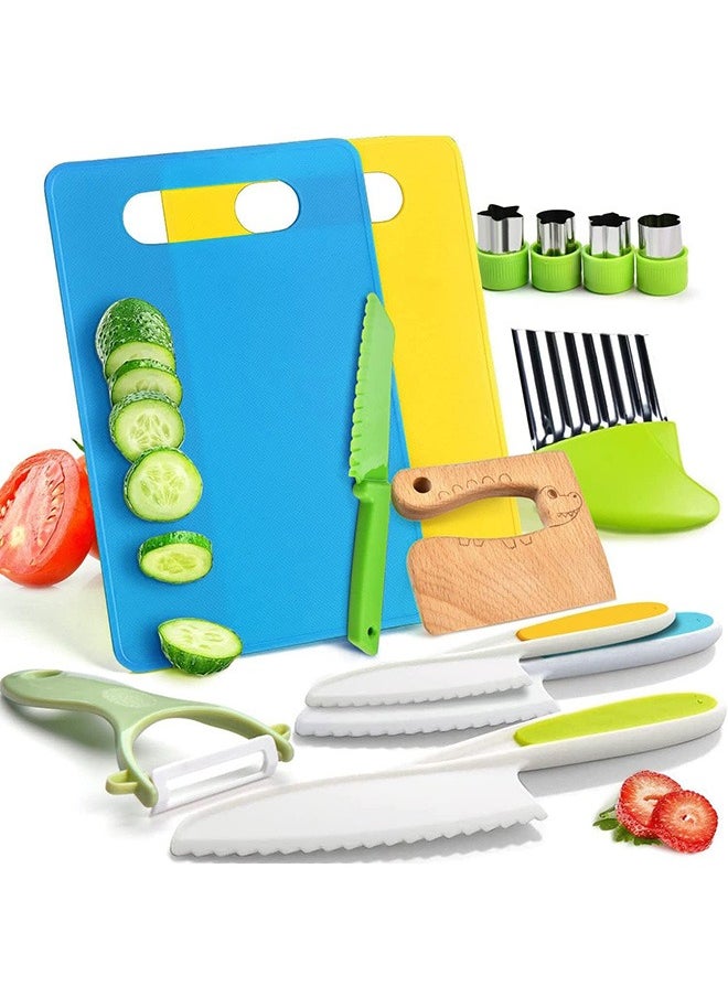 13 Pieces  Kitchen Tools for Toddlers-Kids Cooking Sets Real-Toddler Safe Knives Set for Real Cooking with Plastic Toddler Safe Knives Crinkle Cutter Kids Cutting Board.