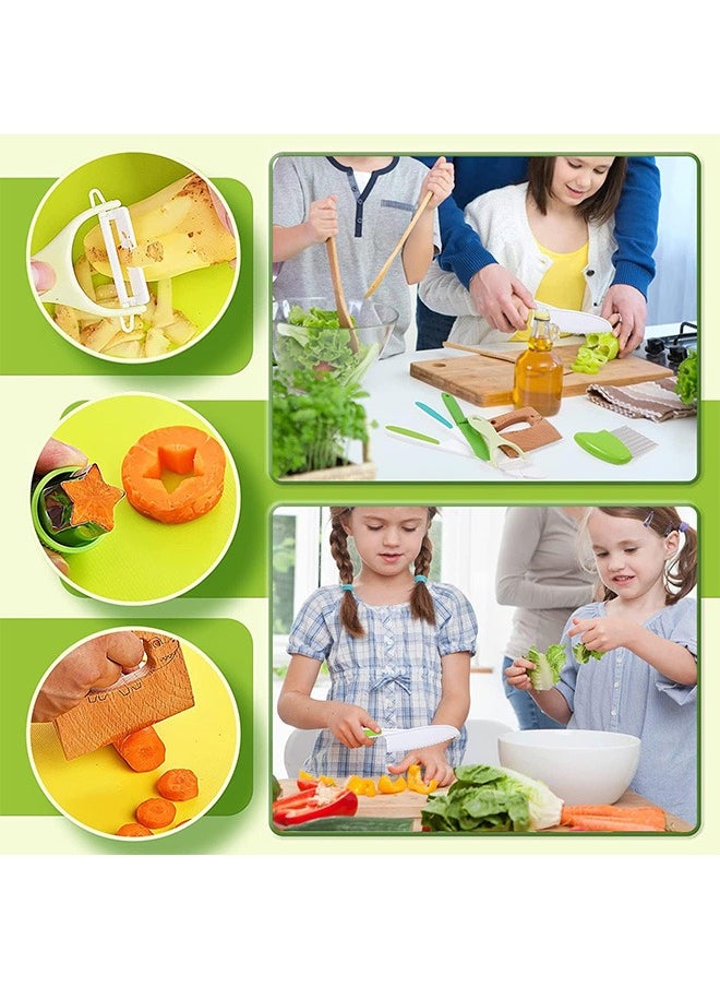 13 Pieces  Kitchen Tools for Toddlers-Kids Cooking Sets Real-Toddler Safe Knives Set for Real Cooking with Plastic Toddler Safe Knives Crinkle Cutter Kids Cutting Board.