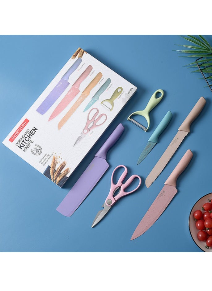 Colorful Kitchen Knife Set 6 PCS, Colored Knives Set with Non-Stick Coating, Chef Boxed Knives Set for Cooking, Camping, Travel, Picnic, BBQ and RV