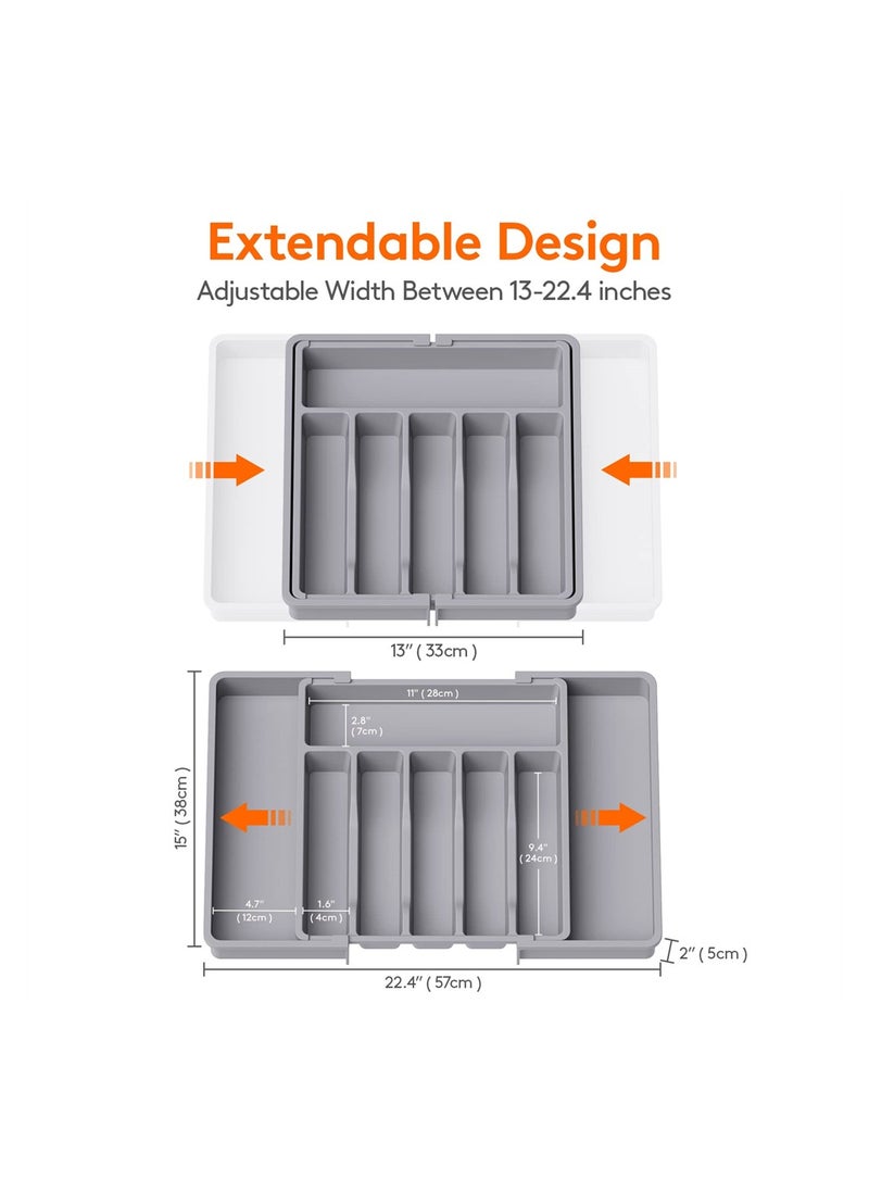 Cutlery Tray, Silverware Organizer, Expandable Utensil Tray for Drawer, Adjustable Cutlery Holder for Kitchen Drawer Holding Flatware Spoons Forks, Grey