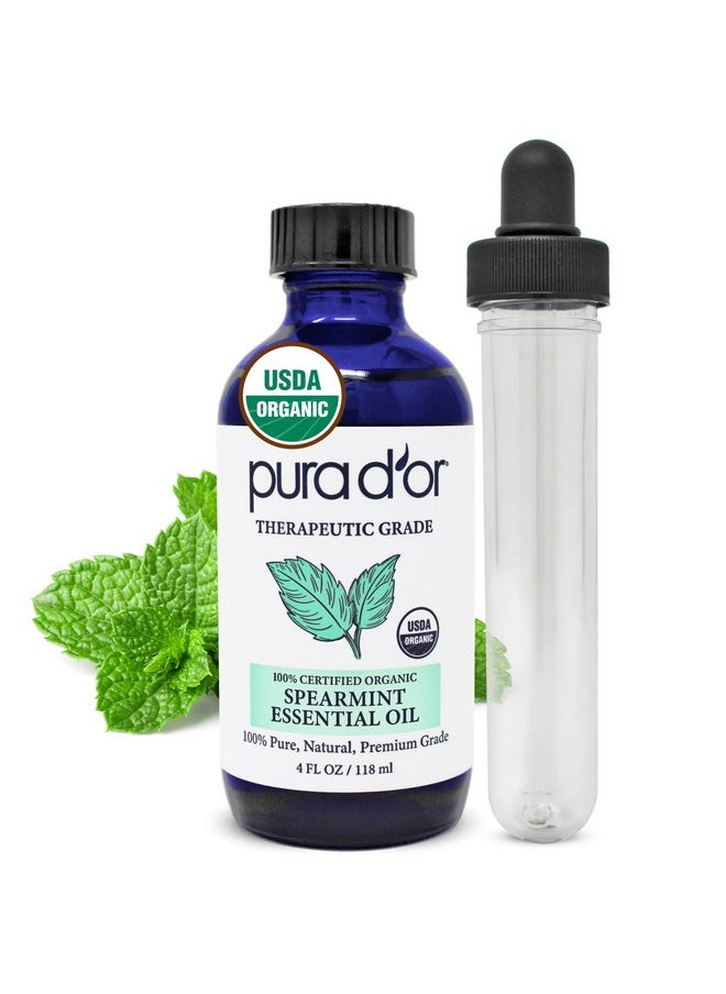 Organic Spearmint Essential Oil (4Oz With Glass Dropper) Usda Certified 100% Pure & Natural Therapeutic Grade Diffuser For Aromatherapy, Focus, Concentration, Mood Uplift