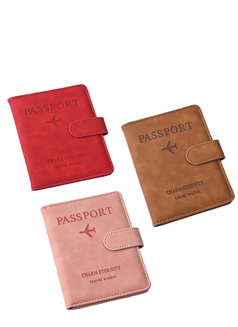 3 different color passport holder protective covers, PU leather magnetic buckle passport bag PFID anti-magnetic multi-card passport book multi-function passport bag, suitable for men and women travel accessories (red, pink, brown)