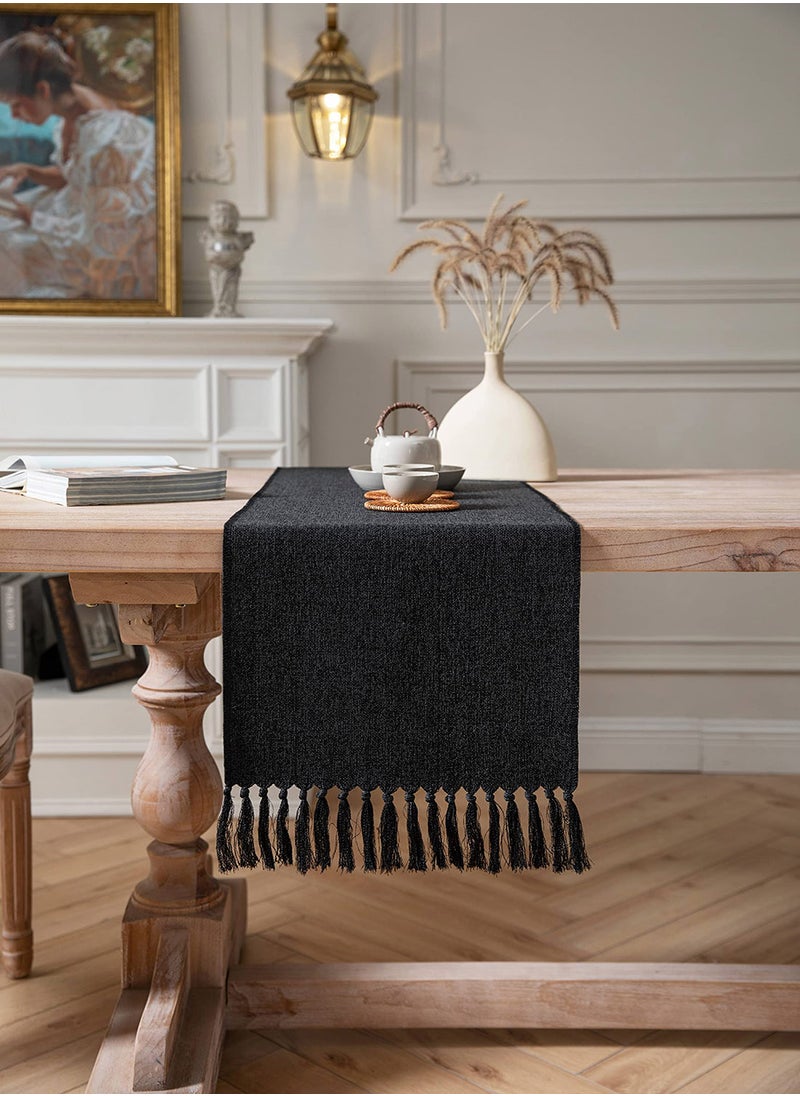 Rustic Black Burlap Table Runner, 33x183cm Washable Boho Style for Dining Room, Bedroom Decor, and Holiday Party Centerpiece