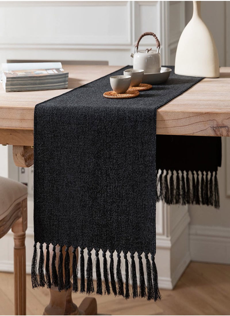 Rustic Black Burlap Table Runner, 33x183cm Washable Boho Style for Dining Room, Bedroom Decor, and Holiday Party Centerpiece