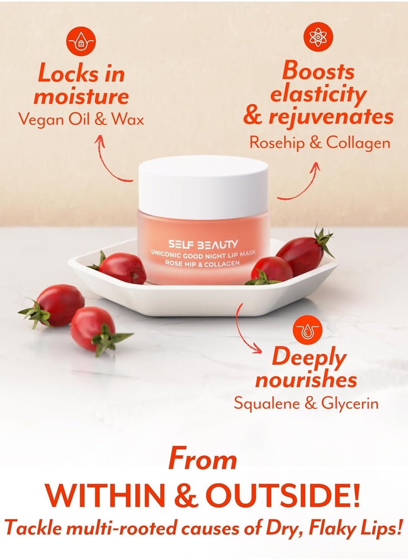 SelfBeauty Lip Mask - Rosehip & Collagen, Vegan Lip Balm, Lip Moisturizer, Overnight Hydrating Lip Treatment with Collagen Peptide, Lip Scrub Exfoliator Intensive Lip Repair, 0.51fl.oz