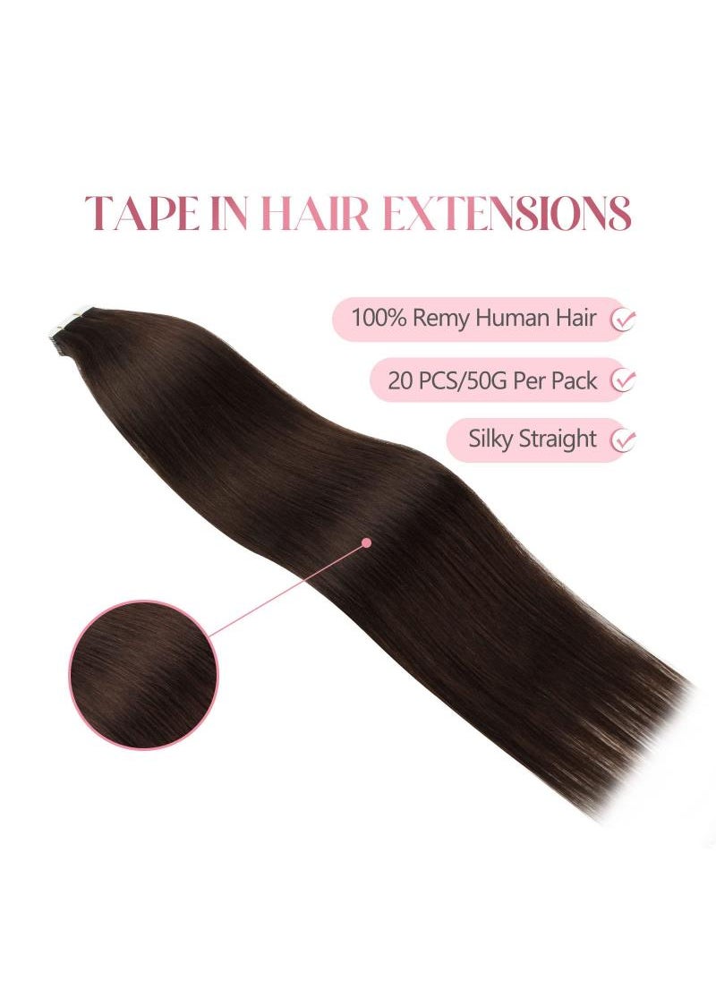 20 Piece Human Hair Extension Dark Brown 50g Tape In Human Hair Extension Premium 100% Human Hair With Invisible Tape Attached Semi Permanent Hair Extensions