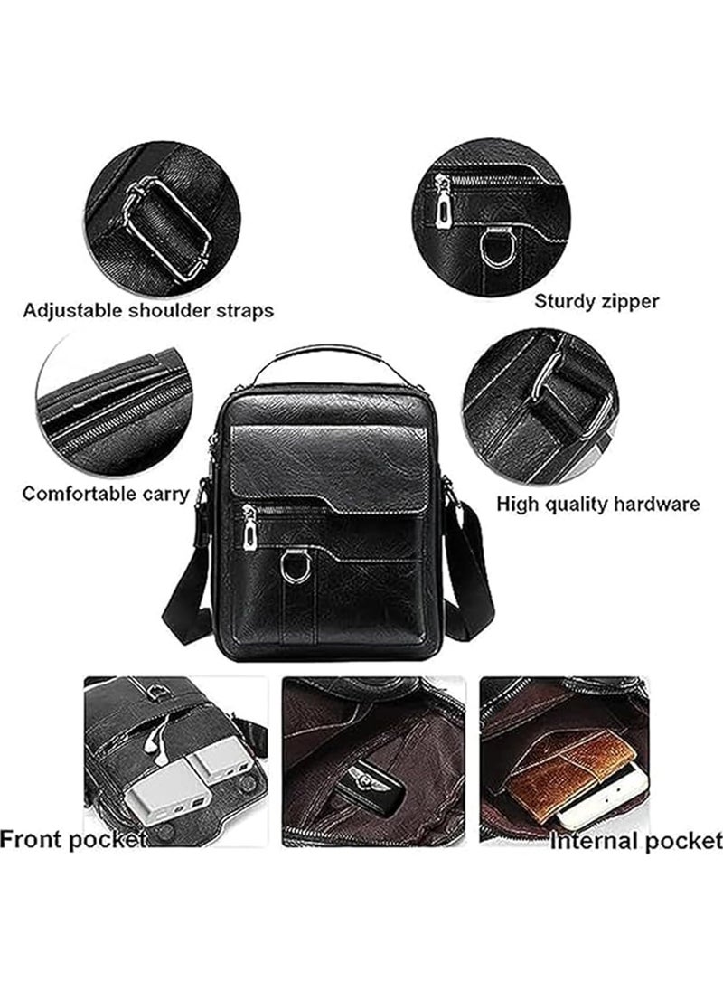 Sling Bag for Men Crossbody Small Shoulder backpack with Purse for Business and Traveling Made of PU Leather Waterproof Large Capability (Black)