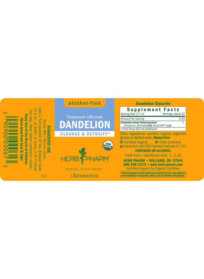 Herb Pharm Certified Organic Dandelion Liquid Extract For Cleansing and Detoxification, Alcohol Free Glycerite, 1 Fl Oz