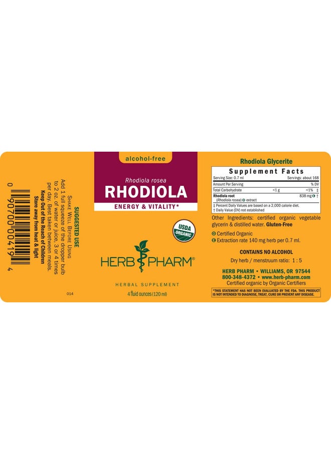 Herb Pharm Certified Organic Rhodiola Root Extract For Energy, Endurance and Stamina, Alcohol Free Glycerite, 4 Ounce