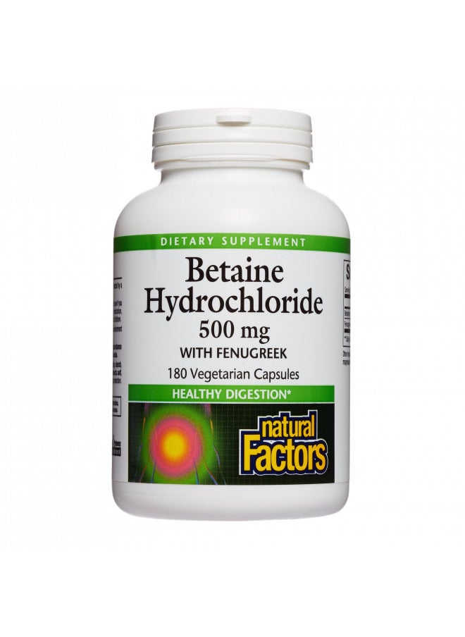 Natural Factors, Betaine Hcl 500 Mg, Supports Healthy Digestion and A Healthy Microbiome, 180 Capsules (180 Servings)